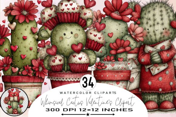 Download Whimsical Cactus Valentine Clipart - Cactus valentine Collection